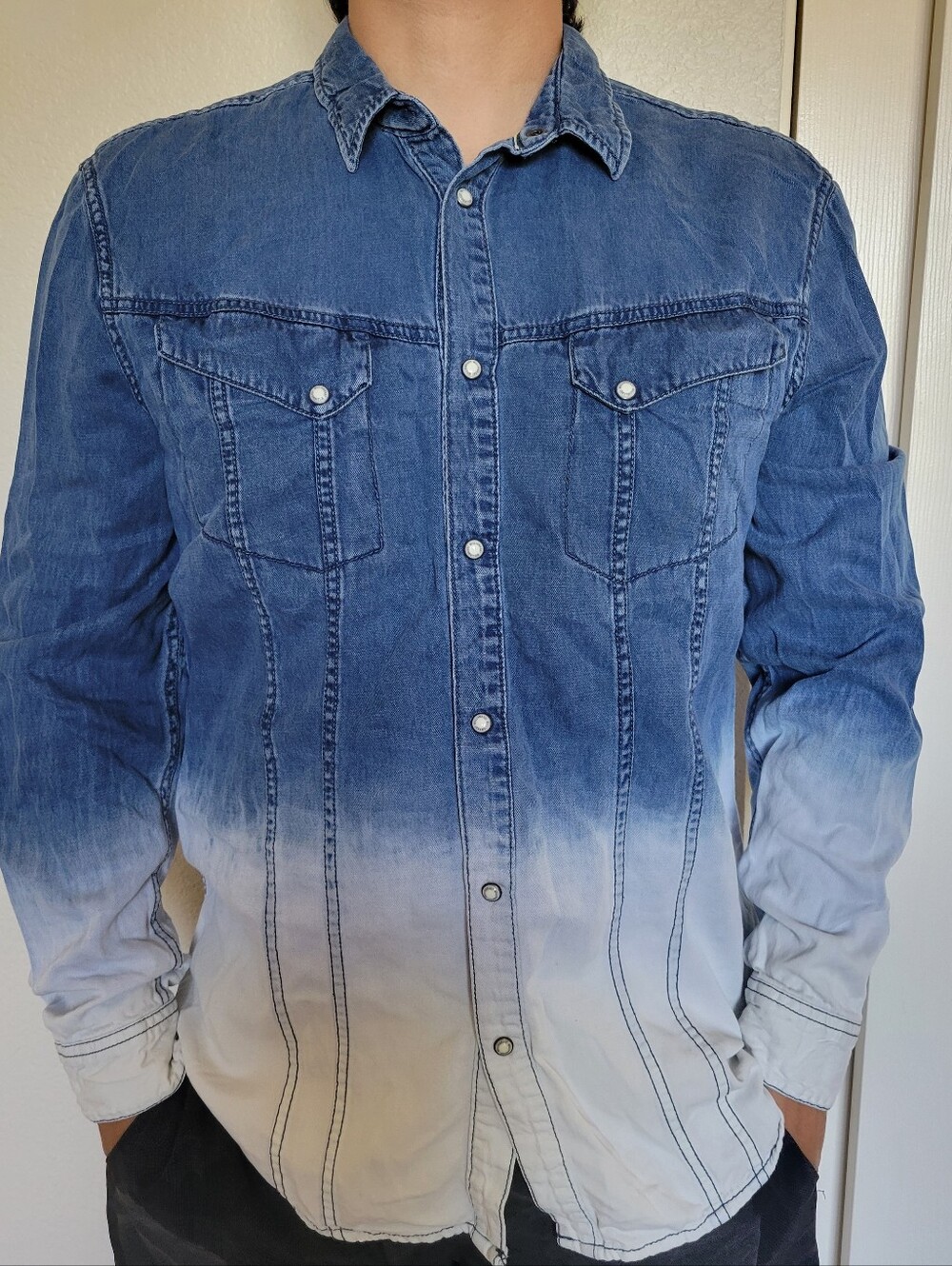 William Rast Blue-to-White Ombre Denim Shirt Jacket Size L